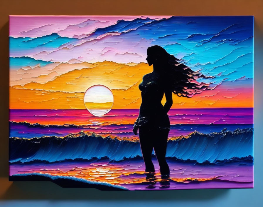 Colorful sunset painting with ocean silhouette.