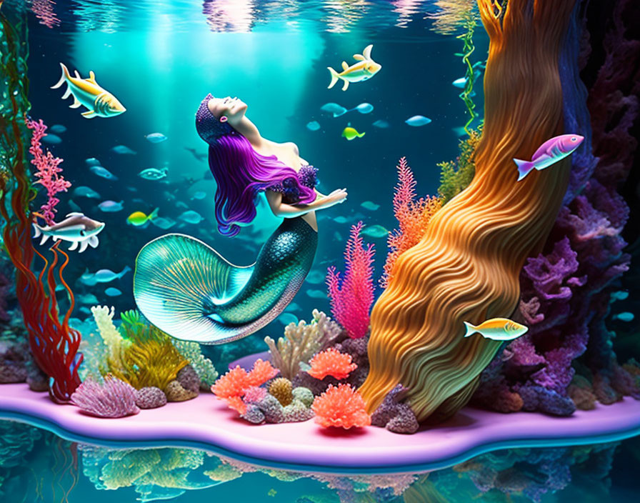 Colorful Mermaid Swimming Near Coral Reef with Fish