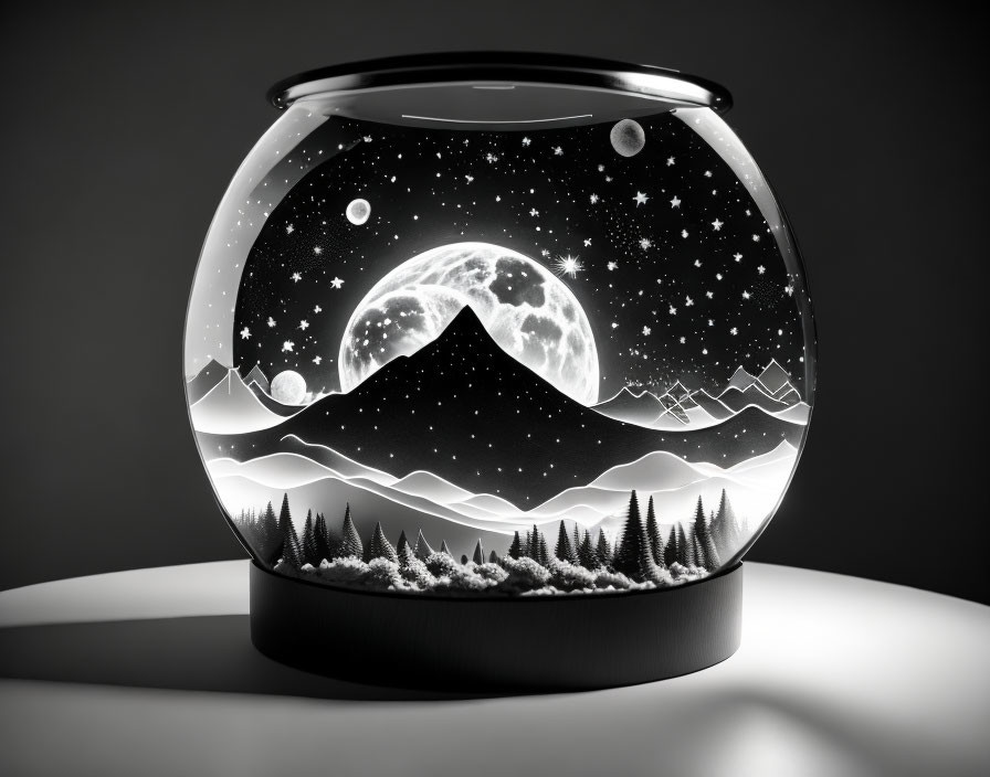 Monochrome mountain landscape glass lamp on table