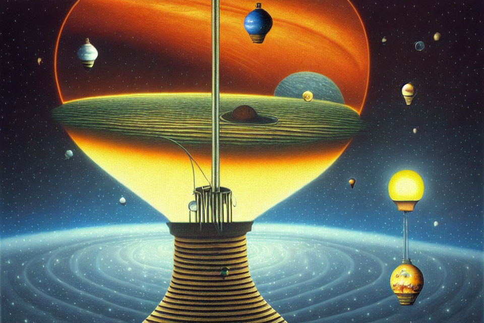 Surreal artwork: Platform with pole to Saturn amid planets and moons