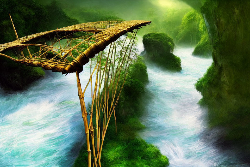 Rustic Bamboo Bridge Over Turquoise River in Lush Green Landscape