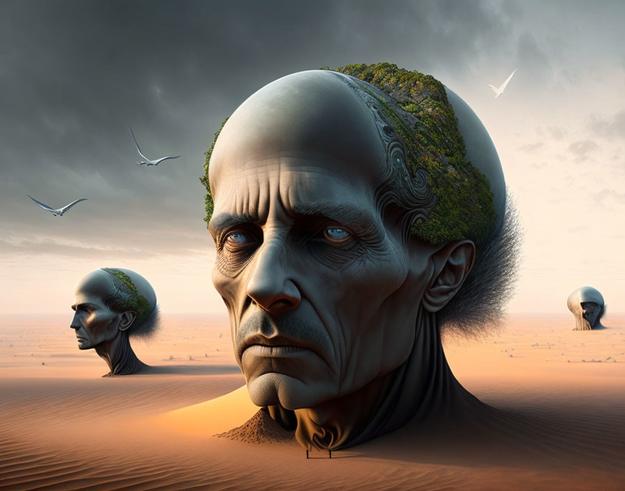 Surreal desert scene with tree-brained human heads and seagulls in dusky sky