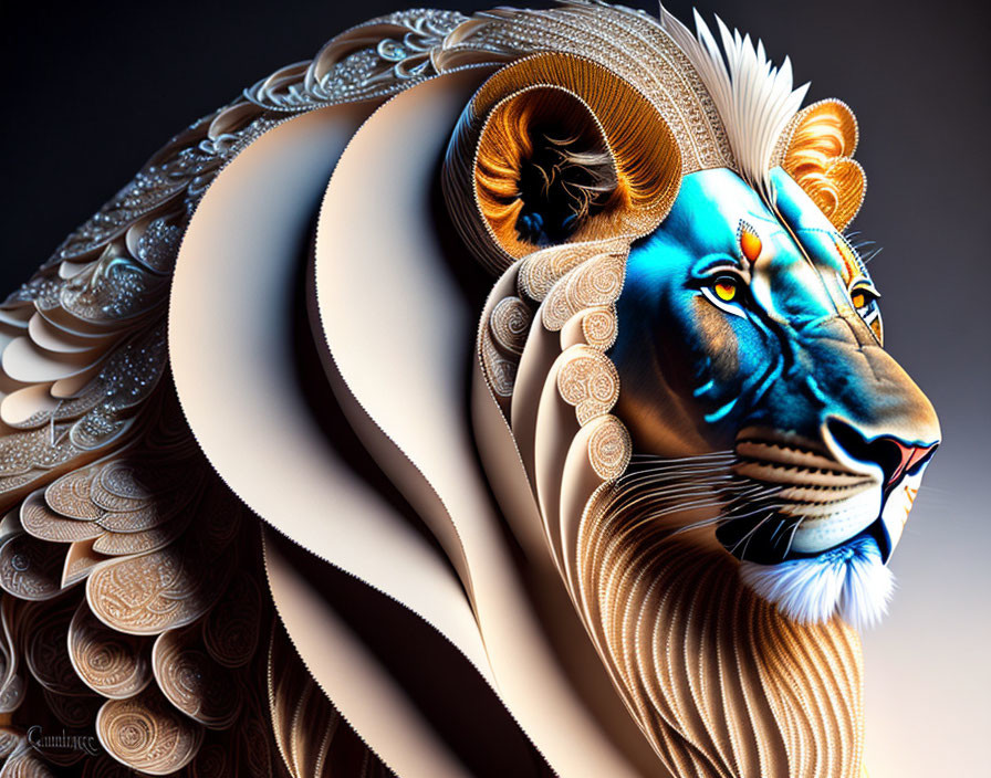 Stylized lion digital art with ornate mane and vibrant colors