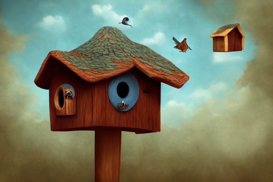 Illustration of large birdhouse, squirrel, and flying bird under cloudy sky