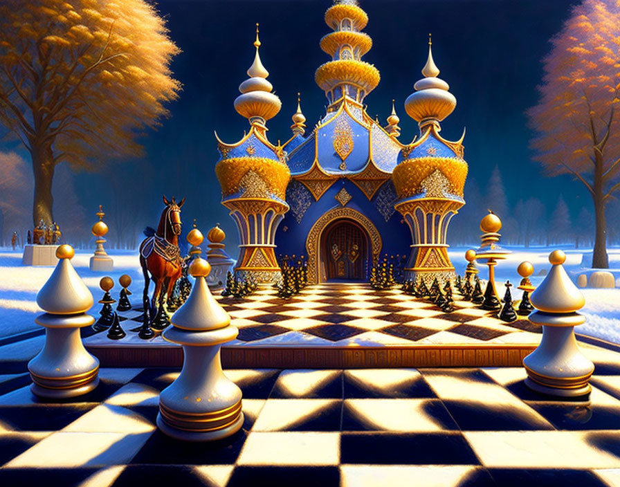 Enchanted winter chessboard scene with palace and glowing trees