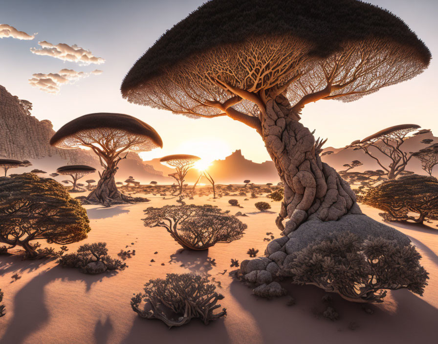 Surreal landscape with mushroom-shaped trees and setting sun