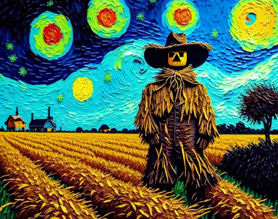 Stylized scarecrow in Van Gogh-inspired wheat field under starry sky