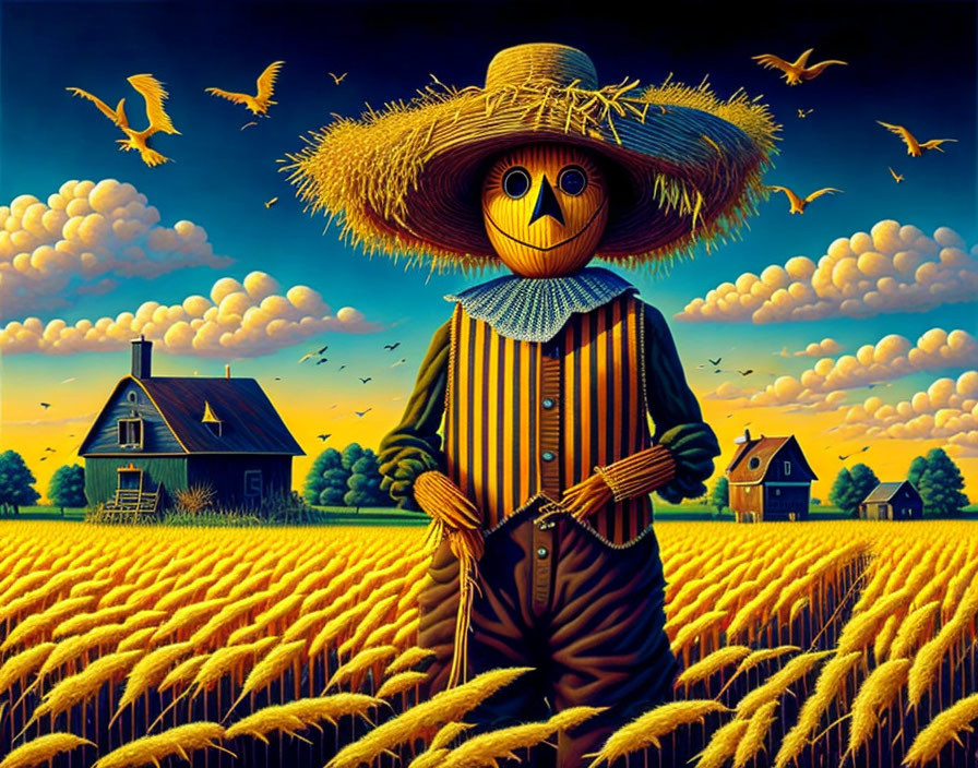 Scarecrow with pumpkin head in wheat field under cloudy sky