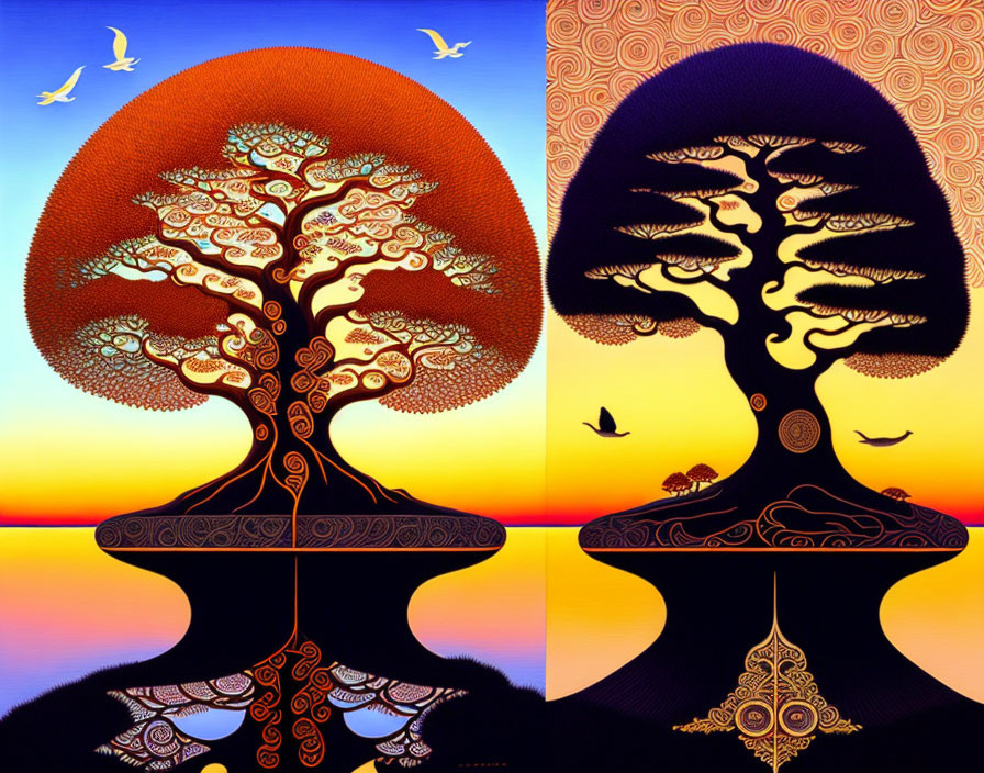 Symmetrical trees in vibrant digital artwork with birds and reflections