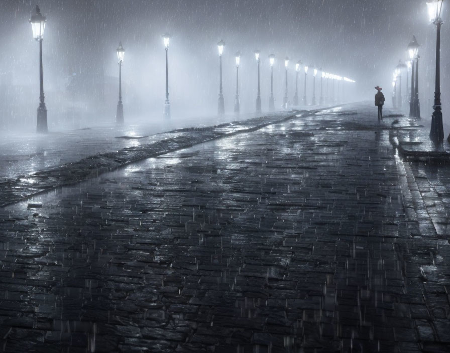 Solitary figure on wet cobblestone street at night