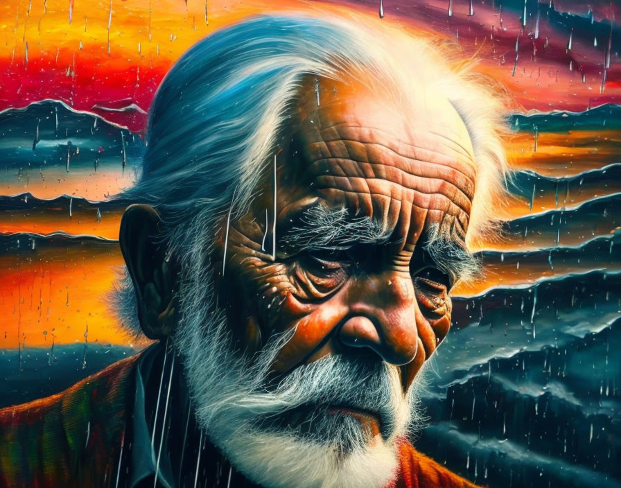 Elderly man with white beard and wrinkles in sunset rain.