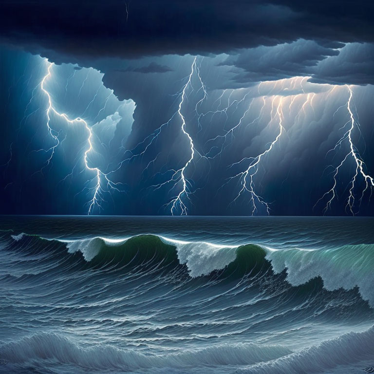 Stormy seascape with multiple lightning bolts striking ocean waves