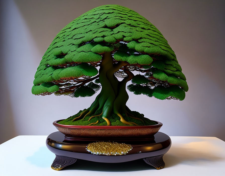 Artificial bonsai tree with lush green canopies on wooden stand and golden ornaments