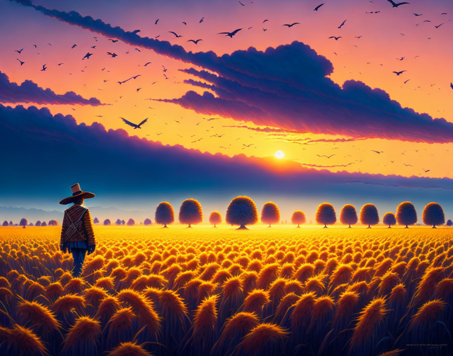 Person in hat in golden wheat field at sunrise with vivid sky and flying birds