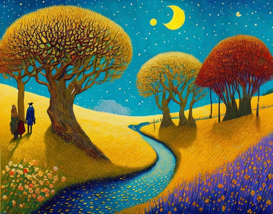 Stylized painting: Two people on path by blue stream, colorful trees, starry sky,