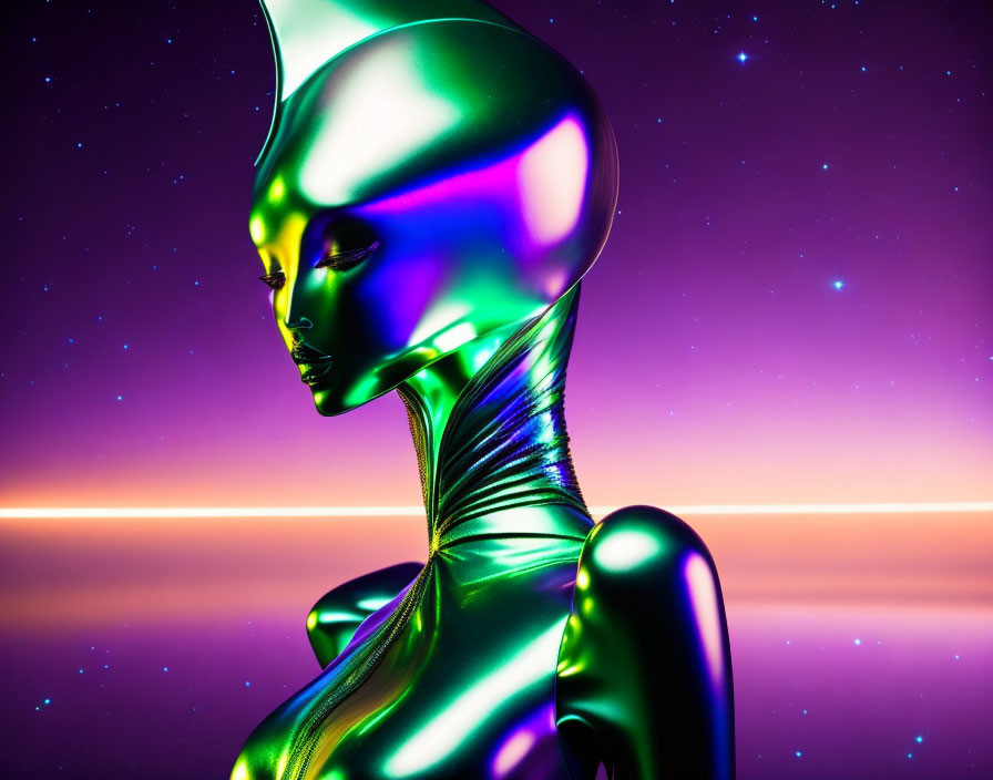 Shiny metallic humanoid figure on purple and orange starry backdrop