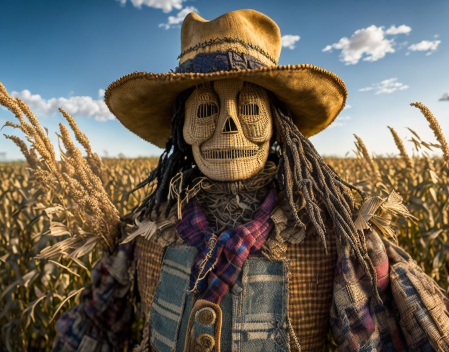 Skull-faced scarecrow in straw hat and plaid shirt among golden wheat