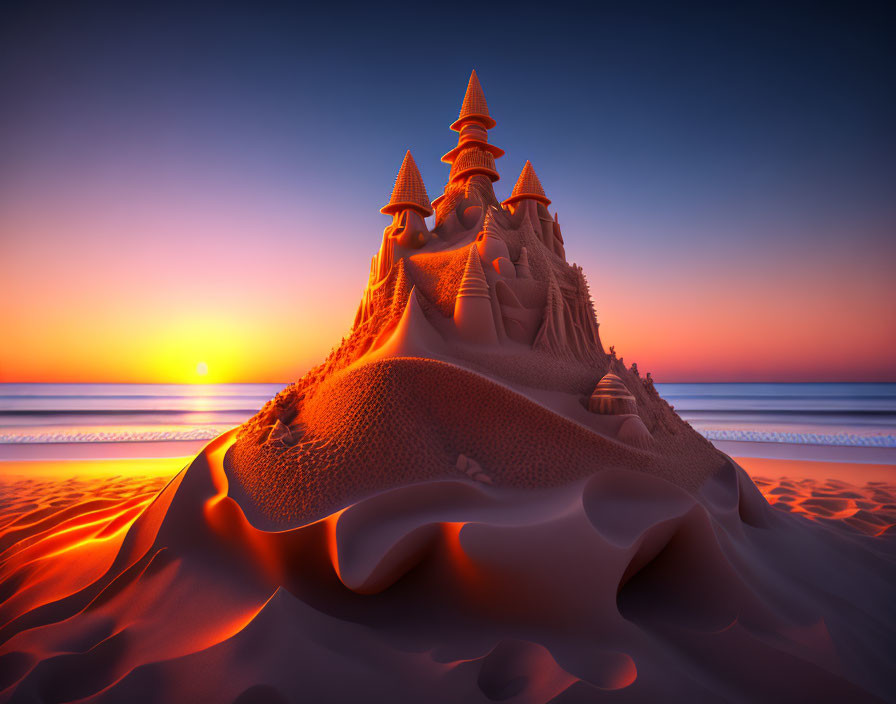 Sunset beach scene with elaborate sandcastle