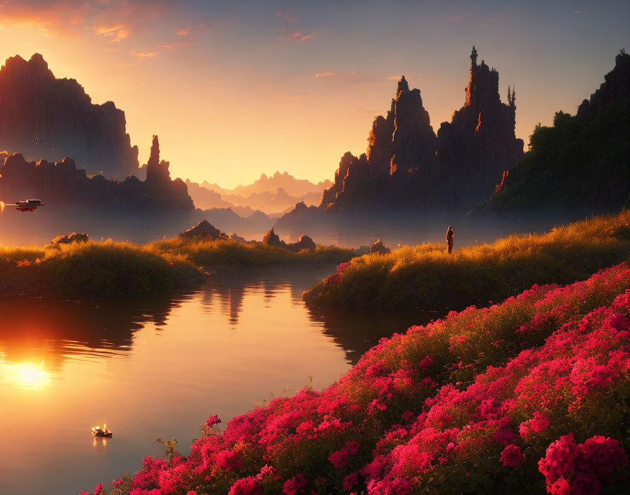 Tranquil landscape with person by river, pink flowers, dramatic rocks, golden sunrise