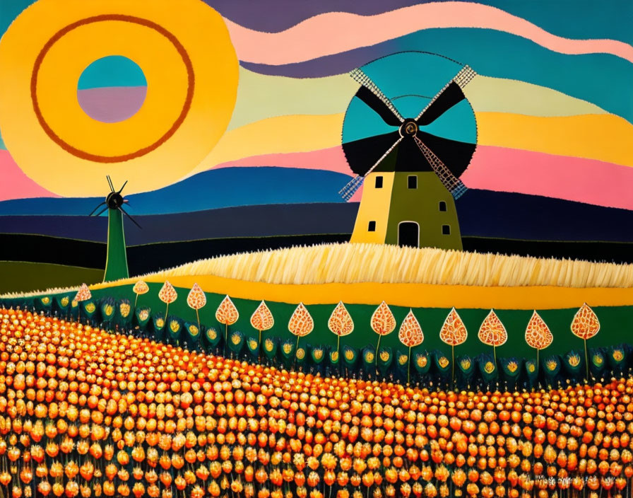 Vibrant landscape painting with flowers, sun, windmills, hills, and striped sky