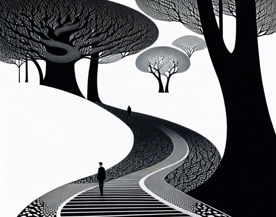 Monochrome art of silhouetted figures on striped path with stylized trees.