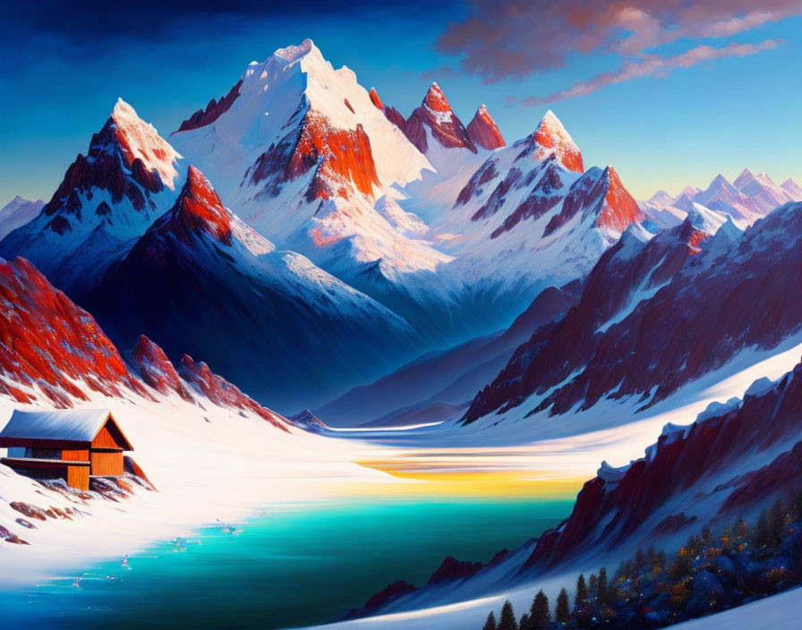 Snowy mountain landscape painting: sunset glow, lone cabin, frozen lake