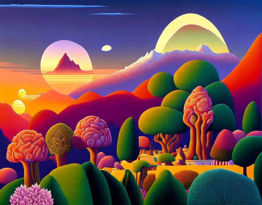 Surreal landscape with brain-like tree canopies and multiple celestial bodies