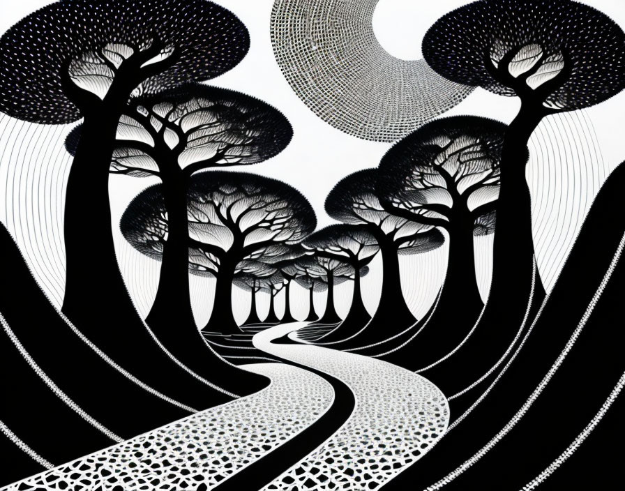 Abstract black and white optical illusion with winding paths, dotted trees, and textured moon