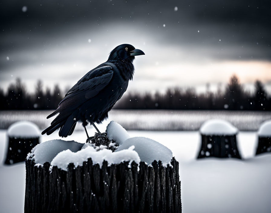 Raven on snow-covered post in wintry landscape