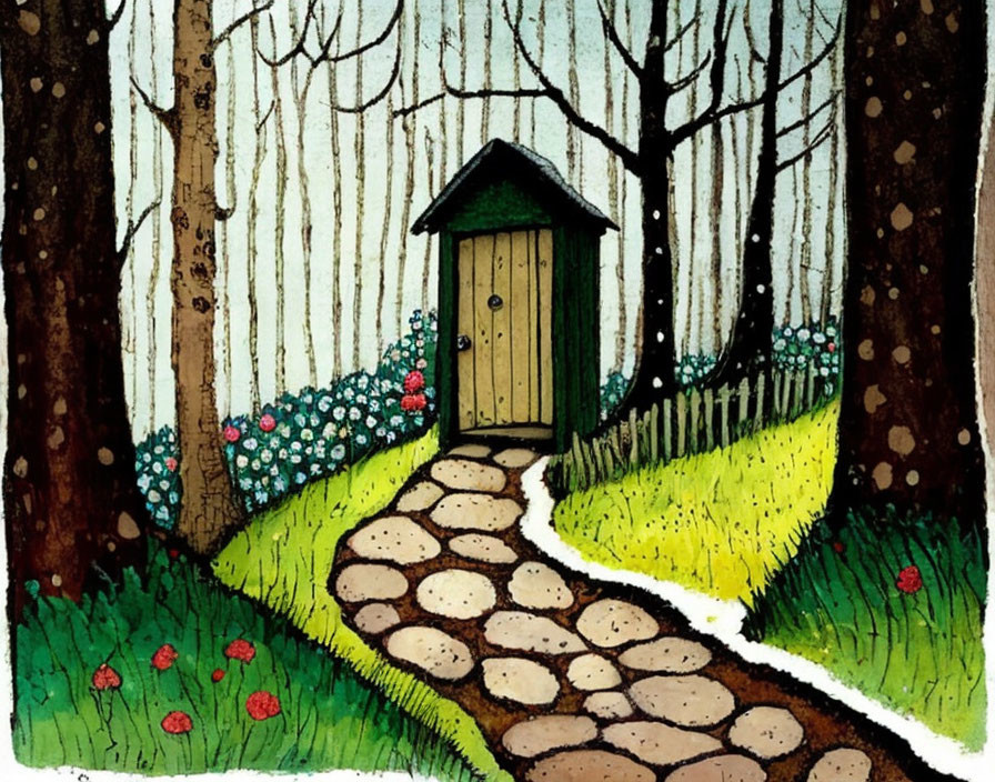 Whimsical forest scene with green door, trees, stone path, and colorful flowers