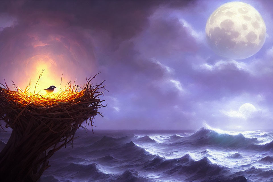 Bird perches on nest in lone tree amidst stormy seas under moonlit sky with dual celestial bodies