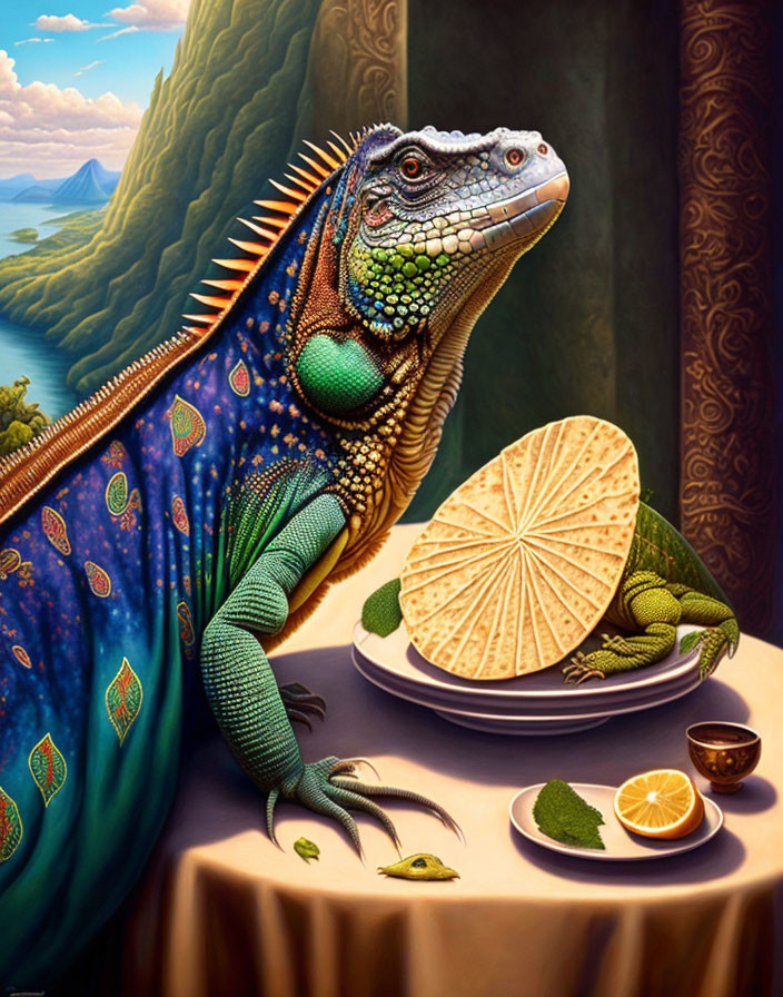 Colorful iguana painting with citrus slices, mountains, and river.