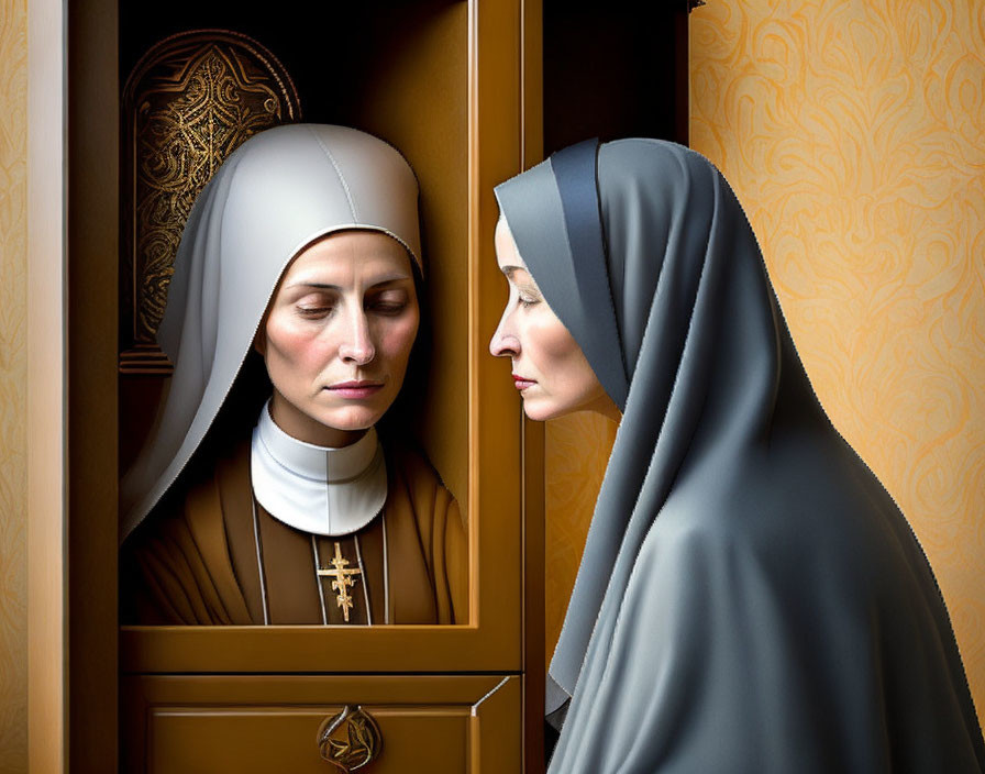 Traditional nuns in habits mirrored in warm light