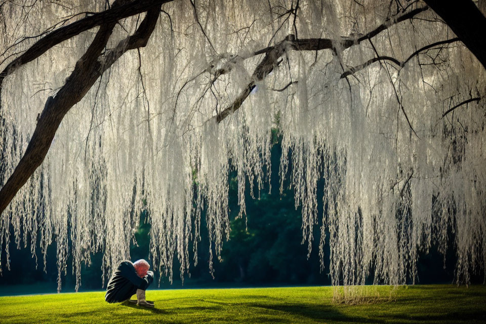 Person sitting under willow tree in tranquil park setting