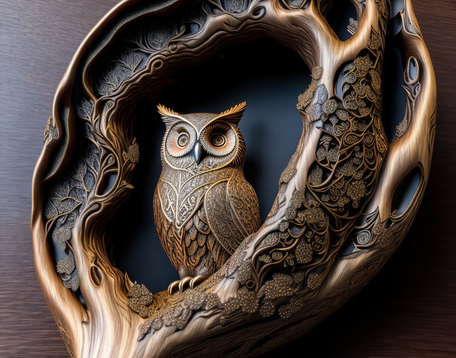 Intricately carved wooden owl sculpture in looped structure with leaf and branch motifs