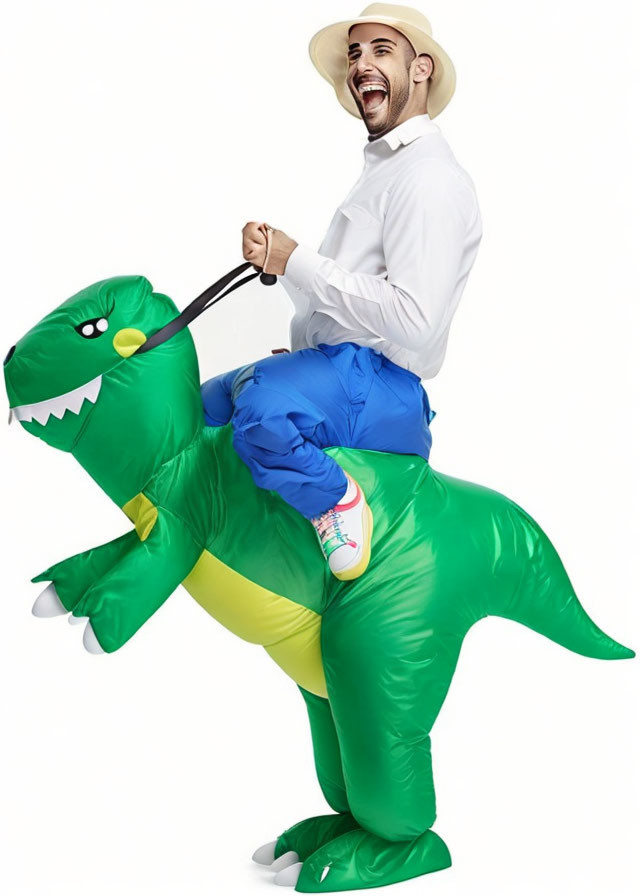 Person in Inflatable T-Rex Costume with Fake Rider Legs Smiling