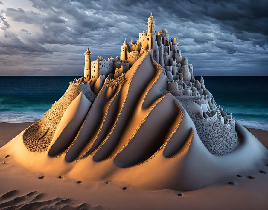 Detailed Sandcastle Towers on Beach at Dusk