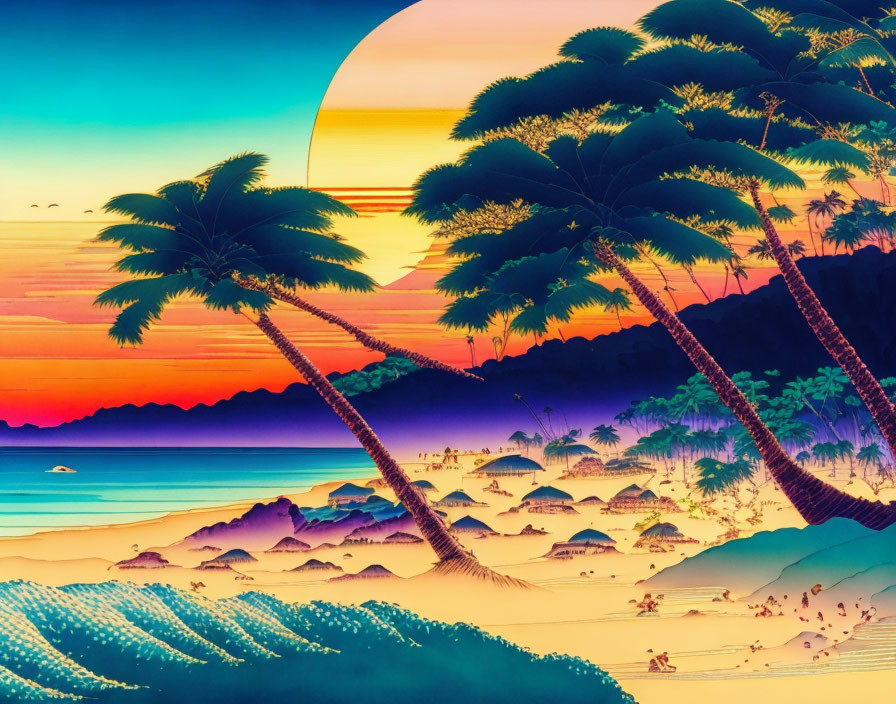 Colorful Retro Beach Sunset Illustration with Palm Trees, Umbrellas, Waves, Mountains