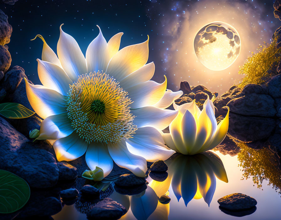 Tranquil pond with vibrant lotus flower under starry sky