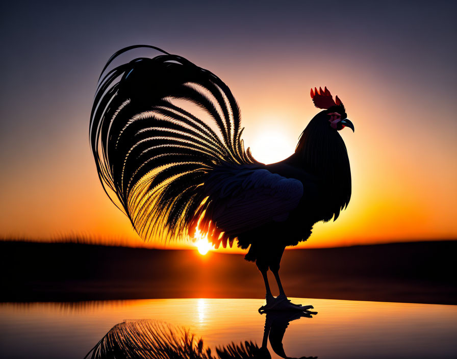 Silhouetted Rooster at Sunset Reflecting on Water