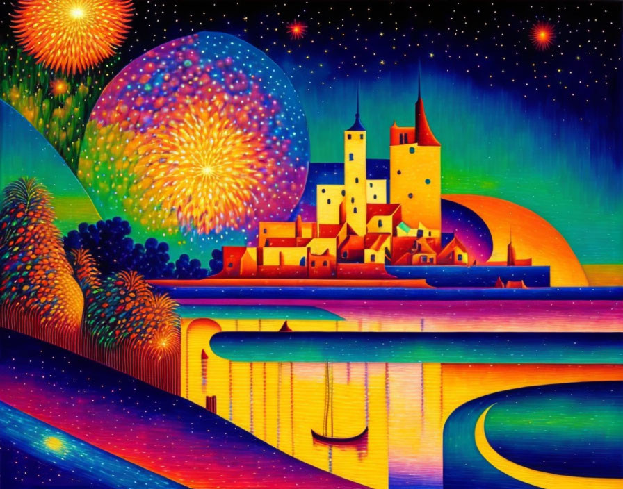 Colorful painting of castle town with fireworks and stars.