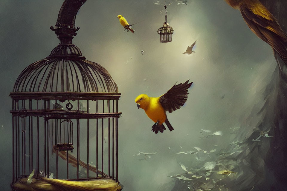 Golden bird flying from open cage in mystical foggy setting