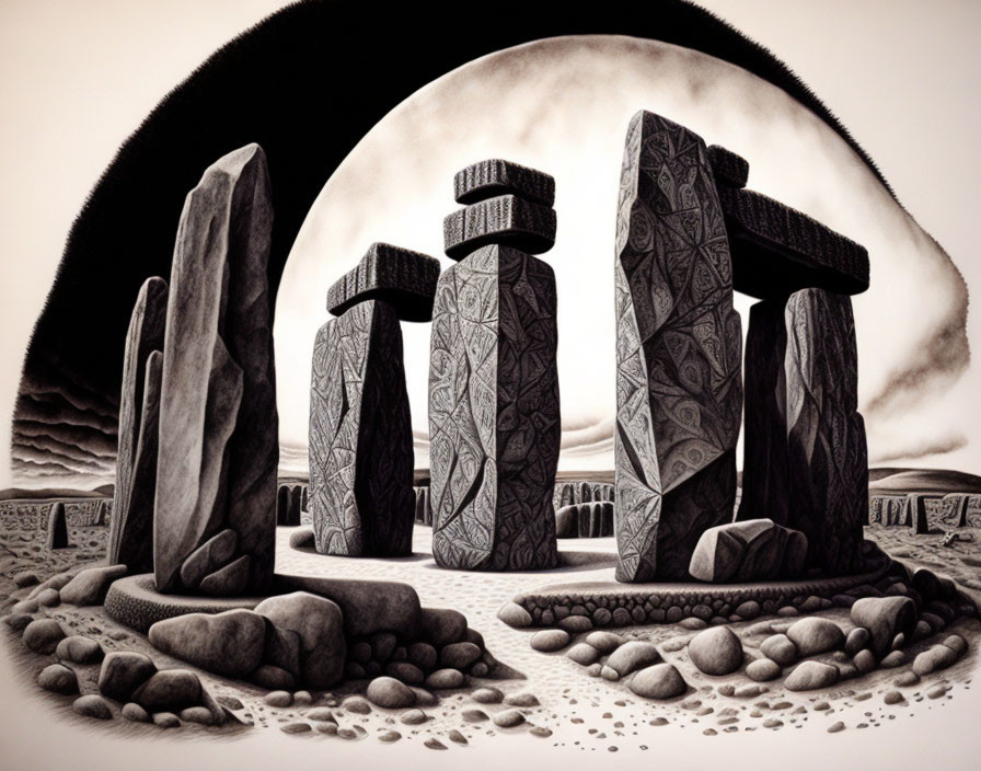 Monochrome Stonehenge illustration with intricate patterns under surreal sky