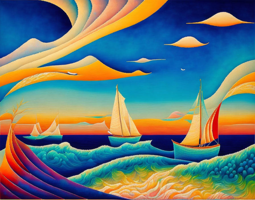 Colorful surrealist painting: ocean waves, sailboats, sun, clouds in vivid palette