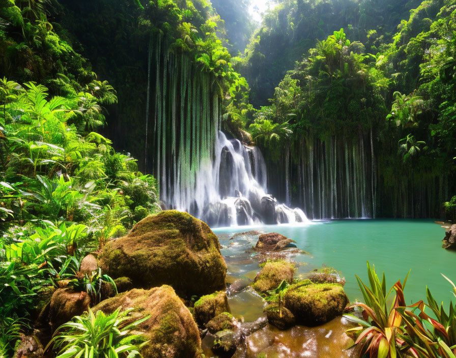 Tranquil Tropical Waterfall with Greenery and Sunlight Rays