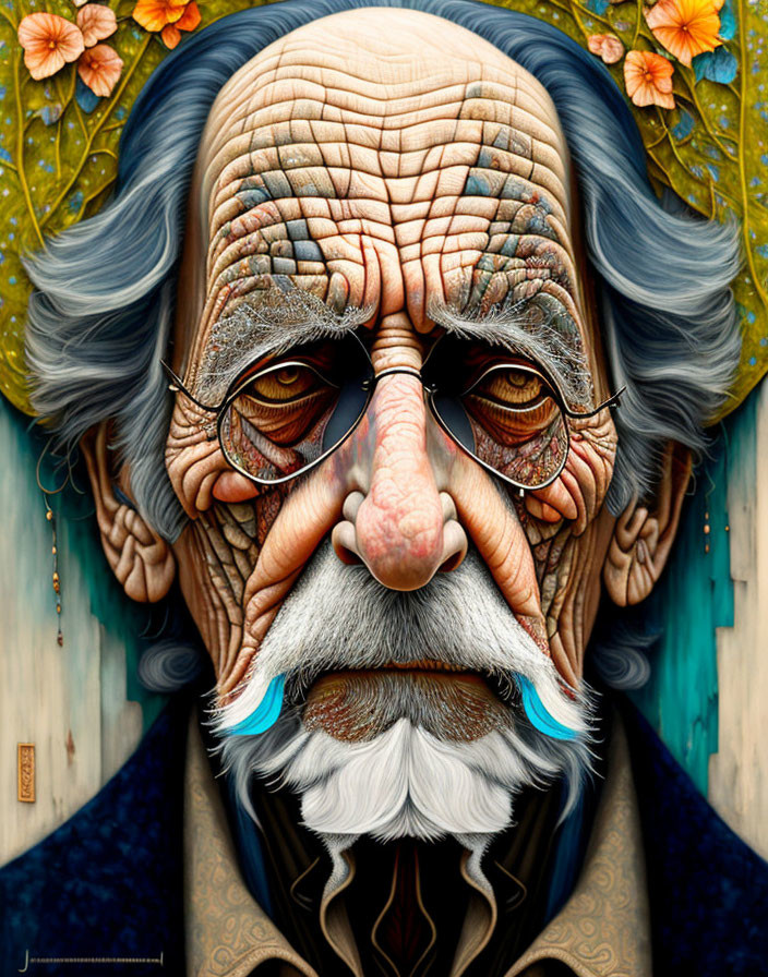 Detailed illustration of elderly man with long white facial hair and artistic elements.