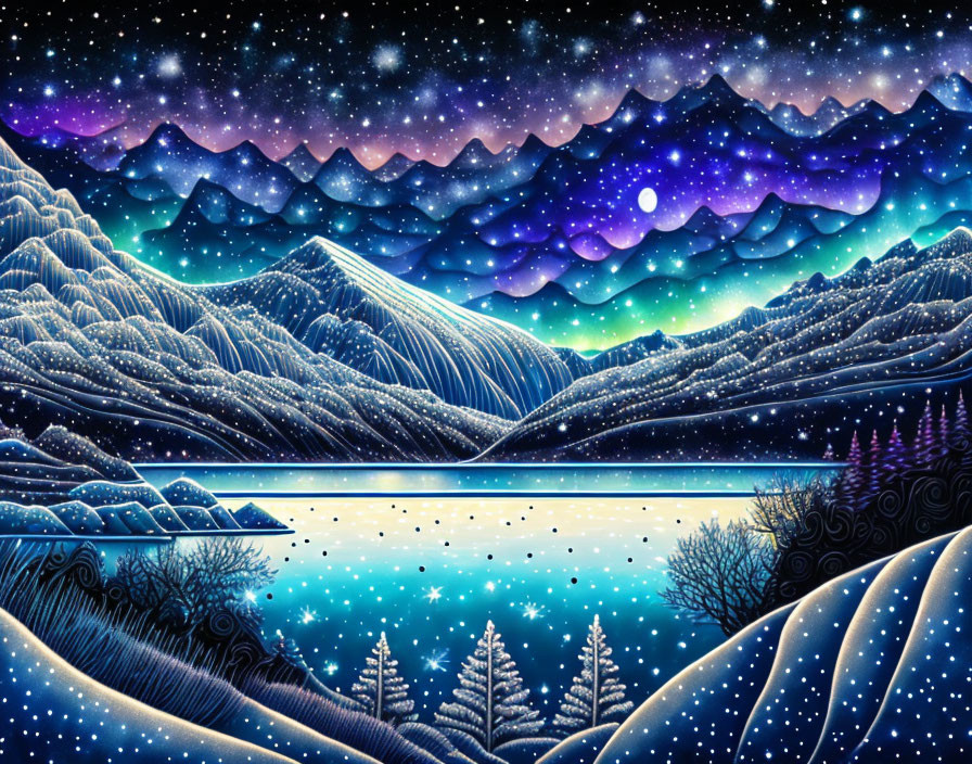 Digital Art: Snowy Mountain Landscape with Starry Sky & Aurora Borealis