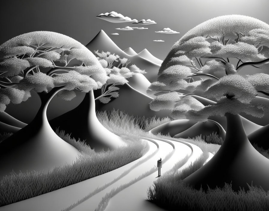 Monochromatic digital art: stylized trees, winding path, mountains, and clouds