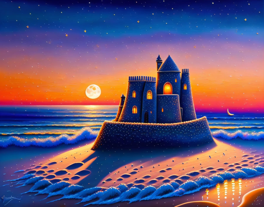 Sandcastle on Beach at Sunset with Moon, Stars, and Sailboat