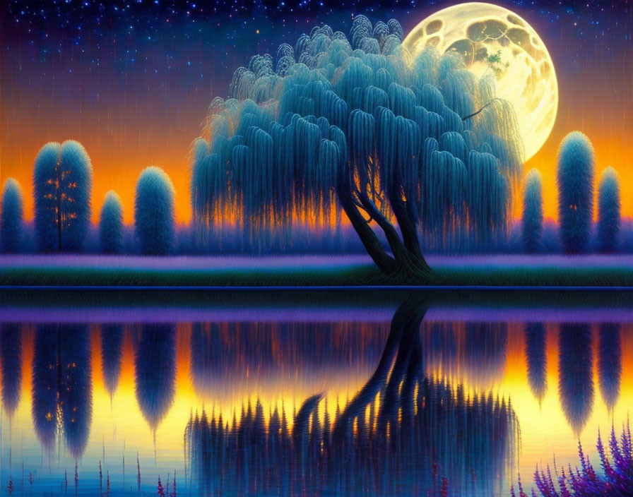 Serene lake scene with weeping willow, full moon, and starlit sky